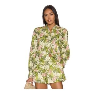 NEW Cami NYC Belkis Blouse Button Up Linen Shirt Green Floral Tropics